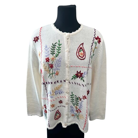 HABAND! | Vintage 90s Floral Embroidered Cream Cardigan Sweater | Size Large - Picture 3 of 10